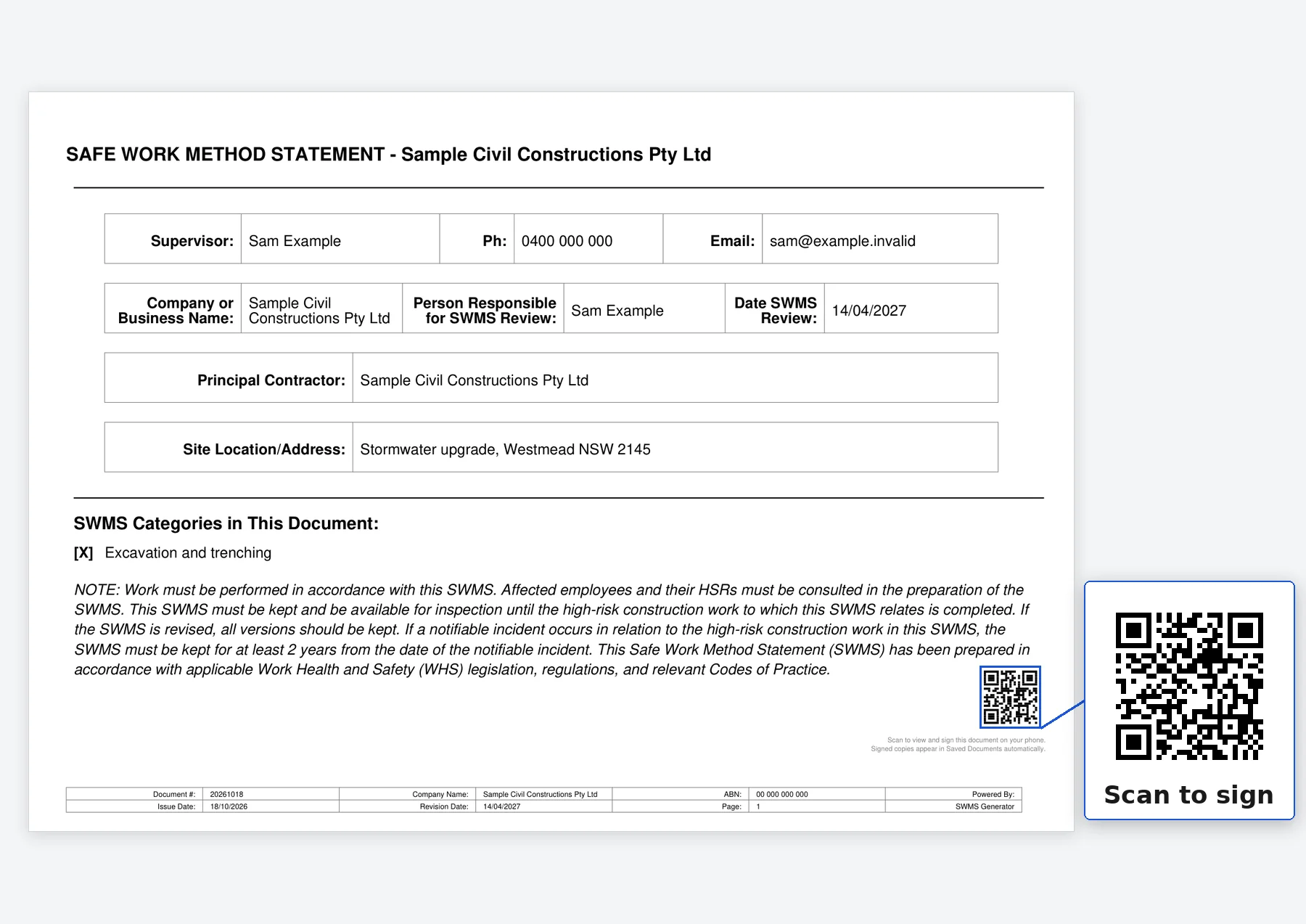Sample SWMS page 1 - cover with scan-to-sign QR code - enlarged QR callout shows the scan-to-sign code