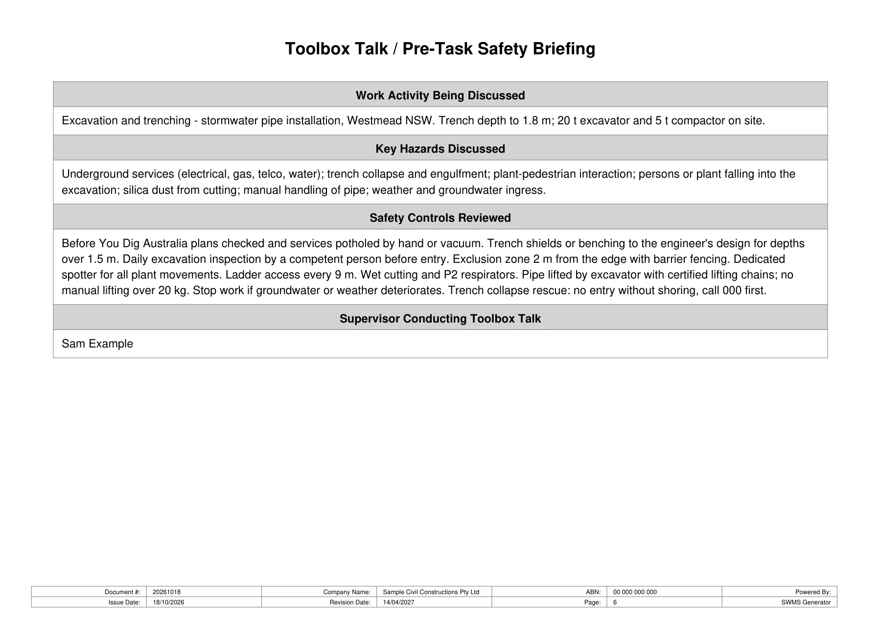 Sample SWMS page 5 - toolbox talk and pre-task safety briefing