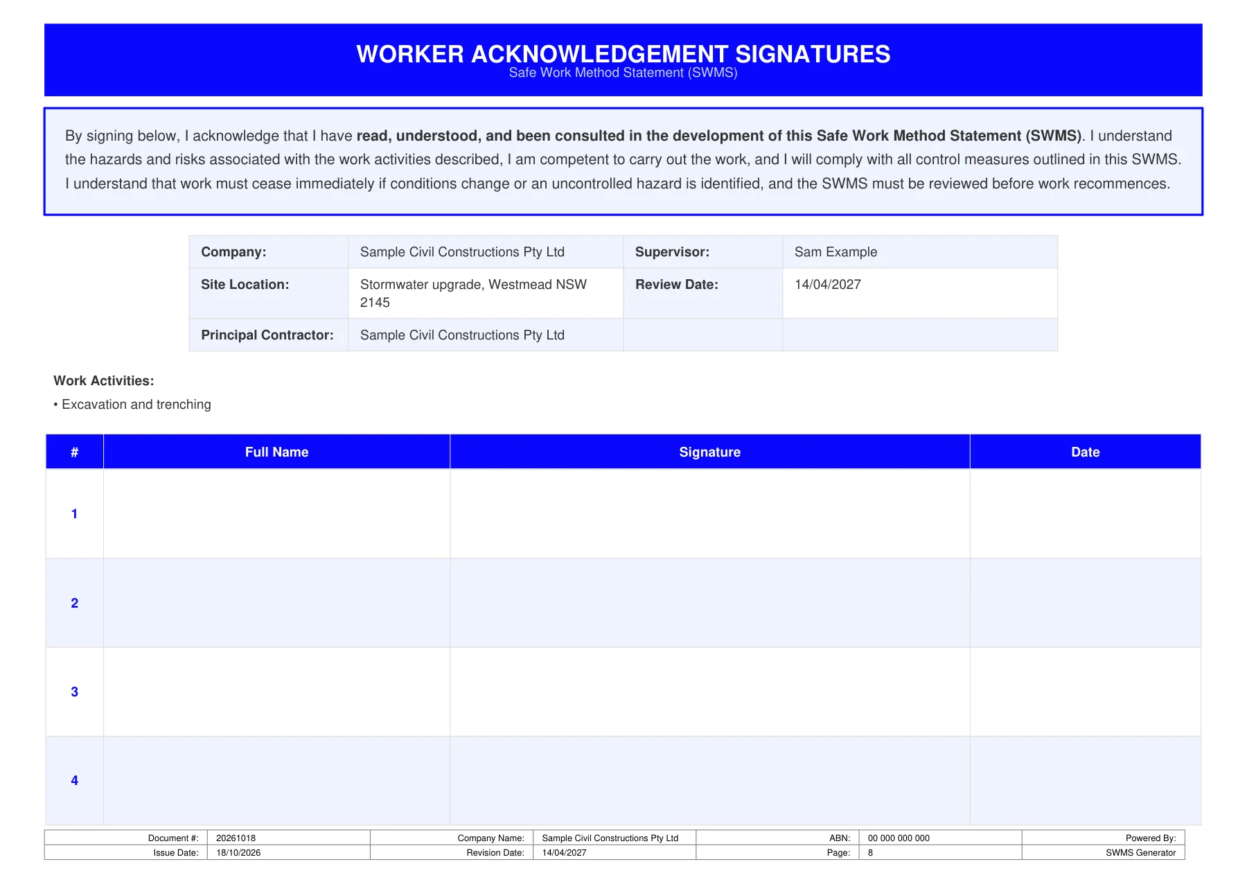 Sample SWMS page 7 - worker acknowledgement signatures