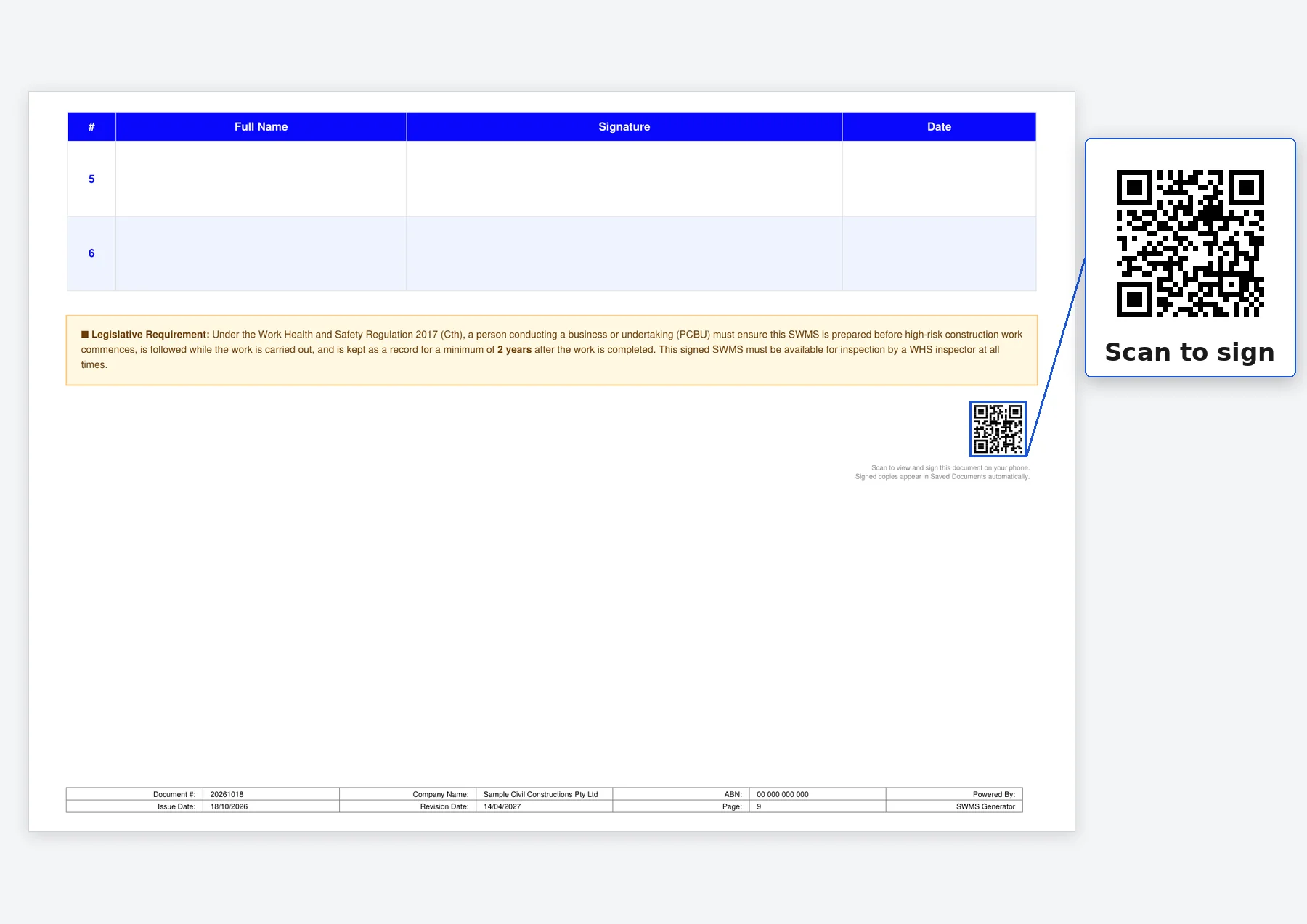 Sample SWMS sign-off page with QR code - enlarged QR callout shows the scan-to-sign code