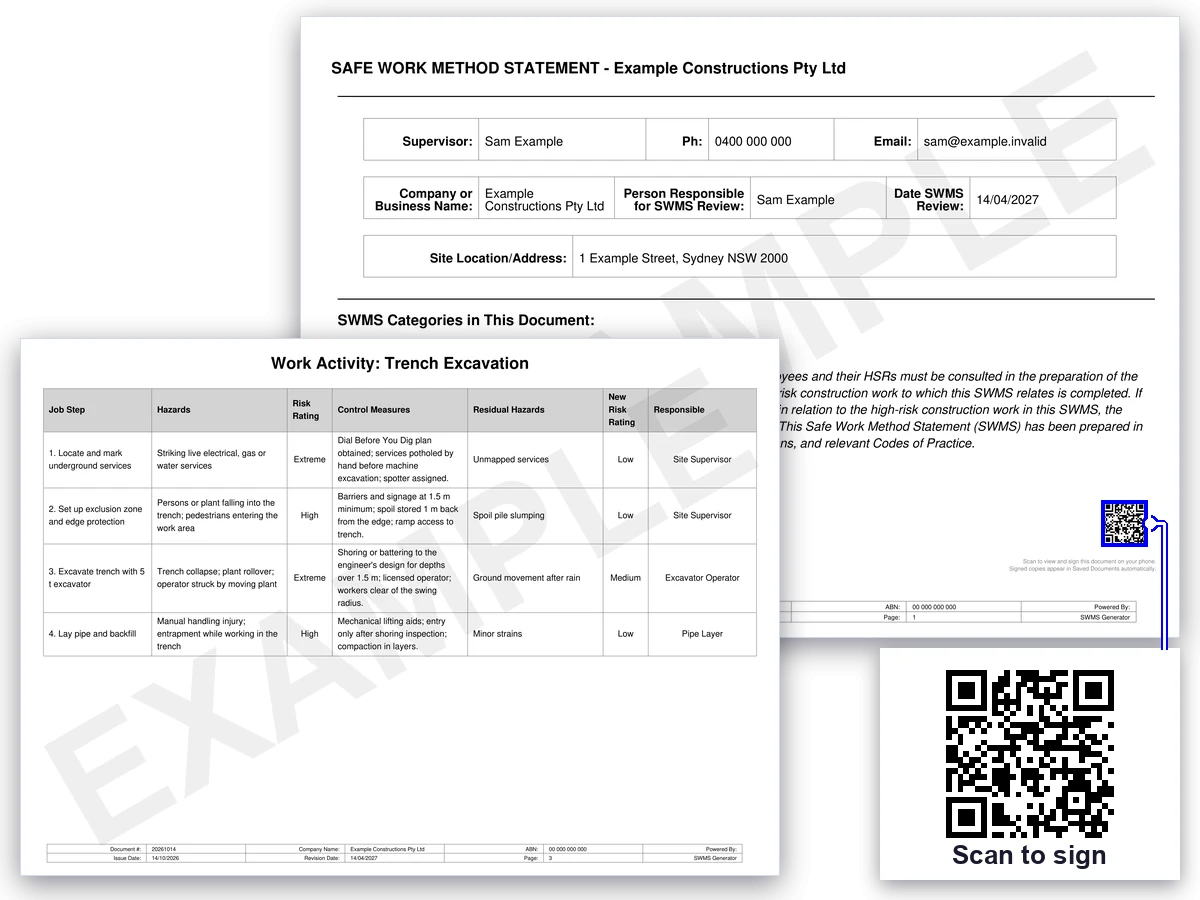 Sample SWMS PDF showing the crew sign-off QR code workers scan to sign on their phones